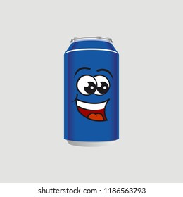 Blue Drink Can with Expression smile, cool, fun, vector illustration