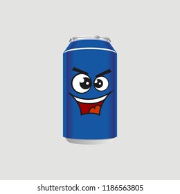 Blue Drink Can with Expression smile, cool, fun, vector illustration