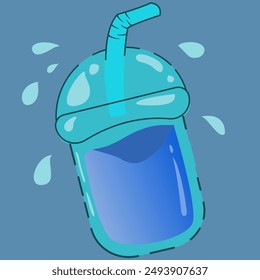 Blue drink cup, straw, blue liquid, water drops suitable for beverage advertising, cafes, summer promotions, refreshing concepts, party themes.