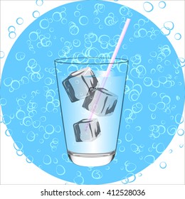 Blue Drink.Water glass with ice. Vector illustration. Glass of Ice Water Flat Vector