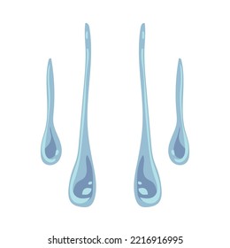 Ilustración vectorial plana de agua con goteo azul o gotas caídas. Simples gotas de sudor, lluvia o lágrimas de llanto aisladas en fondo blanco. Emociones, concepto de naturaleza para el diseño gráfico