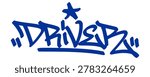Blue driver graffiti tag lettering with star symbol on white background. Racing and automotive themed urban street art for pilot gear and creative motorsport branding.
