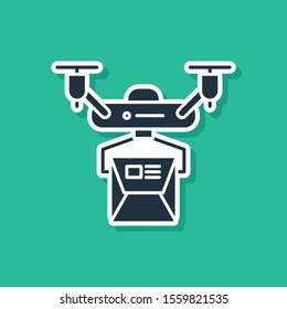 Blue Drone delivery concept icon isolated on green background. Quadrocopter carrying a package. Transportation, logistic concept.  Vector Illustration