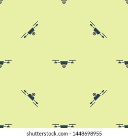 Blue Drone flying with action video camera icon isolated seamless pattern on white background. Quadrocopter with video and photo camera symbol.  Vector Illustration