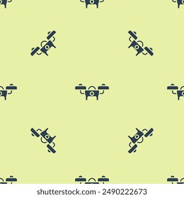 Blue Drone flying icon isolated seamless pattern on yellow background. Quadrocopter with video and photo camera symbol.  Vector
