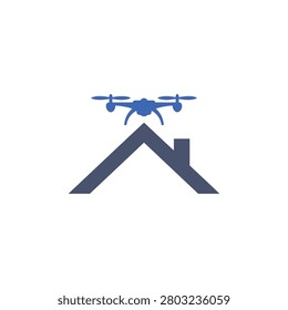 Blue drone flying over a grey house roof icon representing modern home inspection and aerial real estate photography technology for marketing Vector