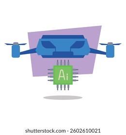 Blue drone hovering above AI chip. Concept of advanced technology, integration of artificial intelligence into modern devices
