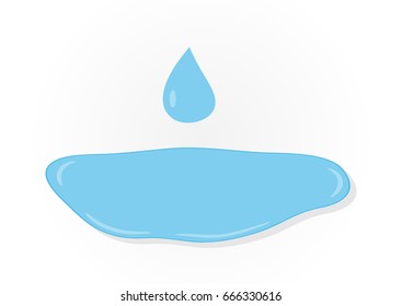 Blue drop falling in a puddle of water. Isolated.  Vector illustration.