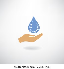 Blue Drop icon in hand silhouette. Save clean water symbol