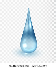 Blue drop isolated on transparent background. Realistic translucent cosmetic spa serum drop, vitamin, gel or lotion. Vector liquid droplet