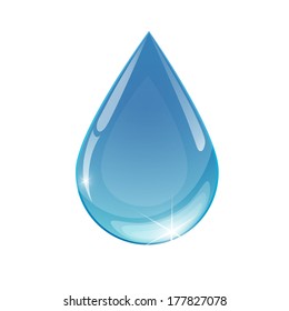 Blue drop towards water on white background