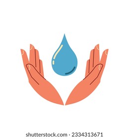 A blue drop of water in the hands of a man. Caring protection of clean water. 