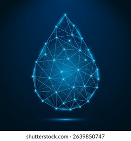 Blue drop of water in low poly style. Geometric shape with connected lines. Vector illustration isolated on dark background.