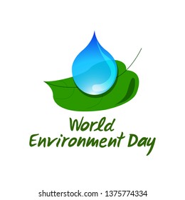 Blue drop of water on a green leaf. Symbol of environmental cleanliness. Hand drawn lettering of World Environment Day. Vector illustration.