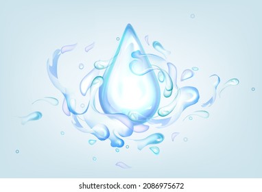 Caída azul con salpicaduras de agua. Vector 3d realista Ilustración de salpicaduras de fluidos aisladas en el fondo de la luz. Olas líquidas con remolinos, acuático puro transparente con gotitas de spray. Aviso de hidratación.