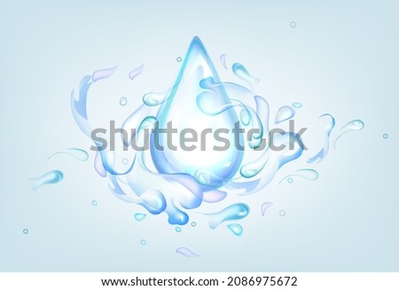 Blue drop with water splashes. Realistic 3d vector Illustration of fluid splashing isolated on light background. Liquid waves with swirls, clear pure aqua element with spray droplets. Hydration ad.