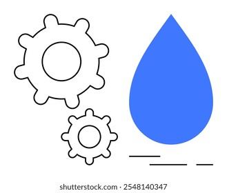 Blue droplet and two gears emphasize water conservation technology. Ideal for engineering, innovation, sustainability, water management, and environmental protection. Simple and modern style