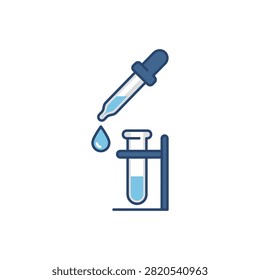 A blue dropper is adding liquid to a test tube held in a stand, symbolizing scientific research.