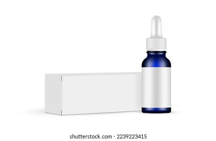 Blue Dropper Bottle With Blank Label and  Horizontal Packaging Box Mockup, Isolated on White Background. Vector Illustration