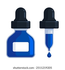 Blue dropper bottle with pipette and droplet. Flat vector illustration isolated on white background with copy space. Ink, dye, colorant, tincture, reagent, essential oil, serum concept