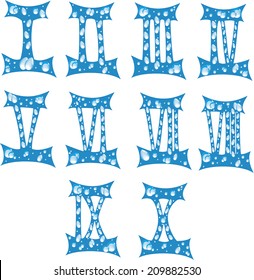 blue drops of rain Roman numerals up to ten 