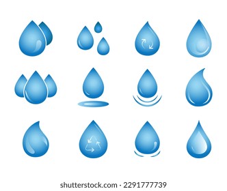 Blue drops set. Collection of elements for website. Cleanliness and hygiene, ecology and nature. Water, aqua and fight against thirst. Cartoon flat vector illustrations isolated on white background