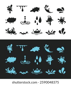Blue drops set, Collection of silhouette drops, water, raindrops, splash, ocean waves, pouring water, spray icons and design elements