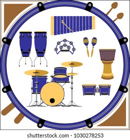 Blue drum and percussion musical instruments set vector illustration