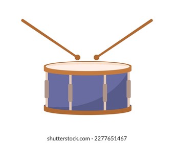 Blue drum with sticks concept. Percussion and musical instrument for rhythm in songs and melodies. Sticker for social networks and messengers. Cartoon flat vector illustration