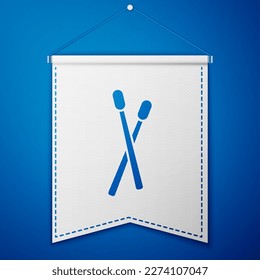 Blue Drum sticks icon isolated on blue background. Musical instrument. White pennant template. Vector