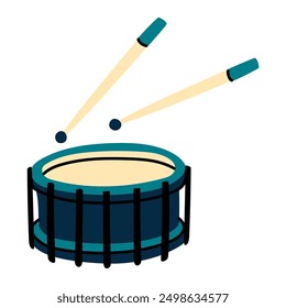 Blue drum and wooden drumsticks in a flat style. A musical instrument, a drum machine. The drum is round. A flat vector illustration isolated on a white background