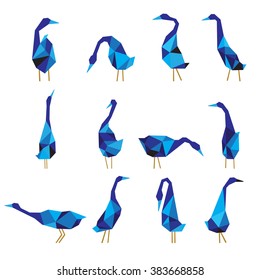 Blue ducks low poly design isolated on white background.