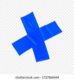 Blue duct repair tape cross isolated on transparent background. Realistic blue adhesive tape piece for fixing. Adhesive cross paper glued. Realistic 3d vector illustration