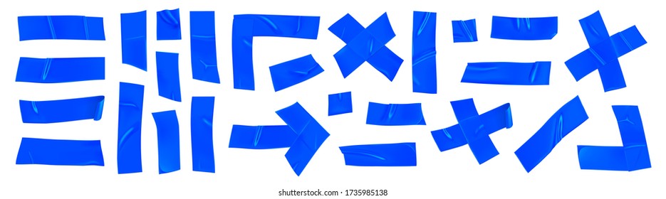 Cinta de reparación del conducto azul aislada en fondo blanco. Cintas adhesivas azules realistas para la fijación. Flecha adhesiva, cruz, esquina y papel pegado. Ilustración vectorial 3d realista