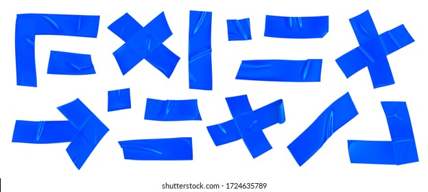 Blue duct tape set. Realistic blue adhesive tape pieces for fixing isolated on white background. Arrow, cross, corner and paper glued. Realistic 3d vector illustration