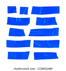 Blaues Klebeband. Realistisch blaue Klebestreifen zur Befestigung isoliert auf weißem Hintergrund. Papier geklebt. Realistische 3D-Vektorgrafik.