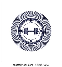 Blue dumbbell icon inside distressed with rubber seal texture