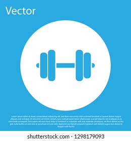 Blue Dumbbell icon isolated on blue background. Muscle lifting icon, fitness barbell, gym icon, sports equipment symbol, exercise bumbbell. White circle button. Flat design. Vector Illustration
