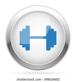 Blue Dumbbell icon on white glossy chrome app button