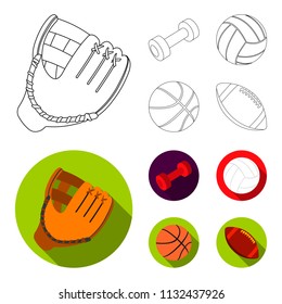 Blue dumbbell, white soccer ball, basketball, rugby ball. Sport set collection icons in outline,flat ,flat style vector symbol stock illustration web.