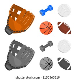 Blue dumbbell, white soccer ball, basketball, rugby ball. Sport set collection icons in cartoon,monochrome ,flat style vector symbol stock illustration web.