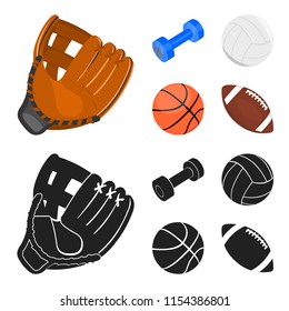 Blue dumbbell, white soccer ball, basketball, rugby ball. Sport set collection icons in cartoon,black style vector symbol stock illustration web.