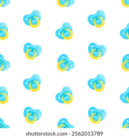 Blue dummies vector seamless pattern. Front view pacifiers. Background, print, packaging design