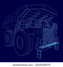 Blue dump truck with a large open back. The truck is designed to carry heavy loads and is commonly used in construction and mining industries