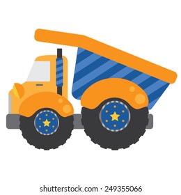 Blue Dump Truck | Whimsical yellow construction dump truck with blue stripes and fun stars on the wheels.