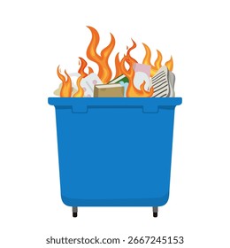 Blauer Müllcontainer brennt mit Flammen und Müll drinnen