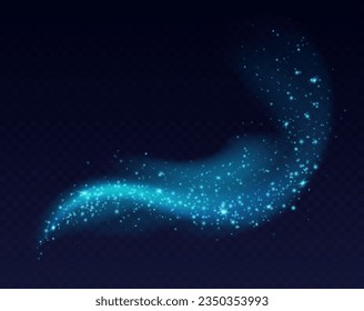 Blue dust cloud with sparkles isolated on dark background. Stardust sparkling background. Glowing glitter smoke or splash. Vector illustration. Christmas decoration.