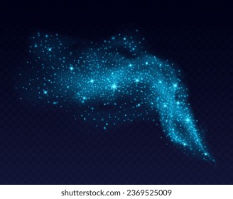 Blue dust cloud with sparkles isolated on dark background. Stardust sparkling background. Glowing glitter smoke or splash. Vector illustration. Christmas decoration.