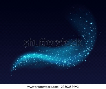 Blue dust cloud with sparkles isolated on dark background. Stardust sparkling background. Glowing glitter smoke or splash. Vector illustration. Christmas decoration.