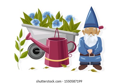 Blue Dwarf with watering can and wheelbarrow full of flowers. Gardening idea vector